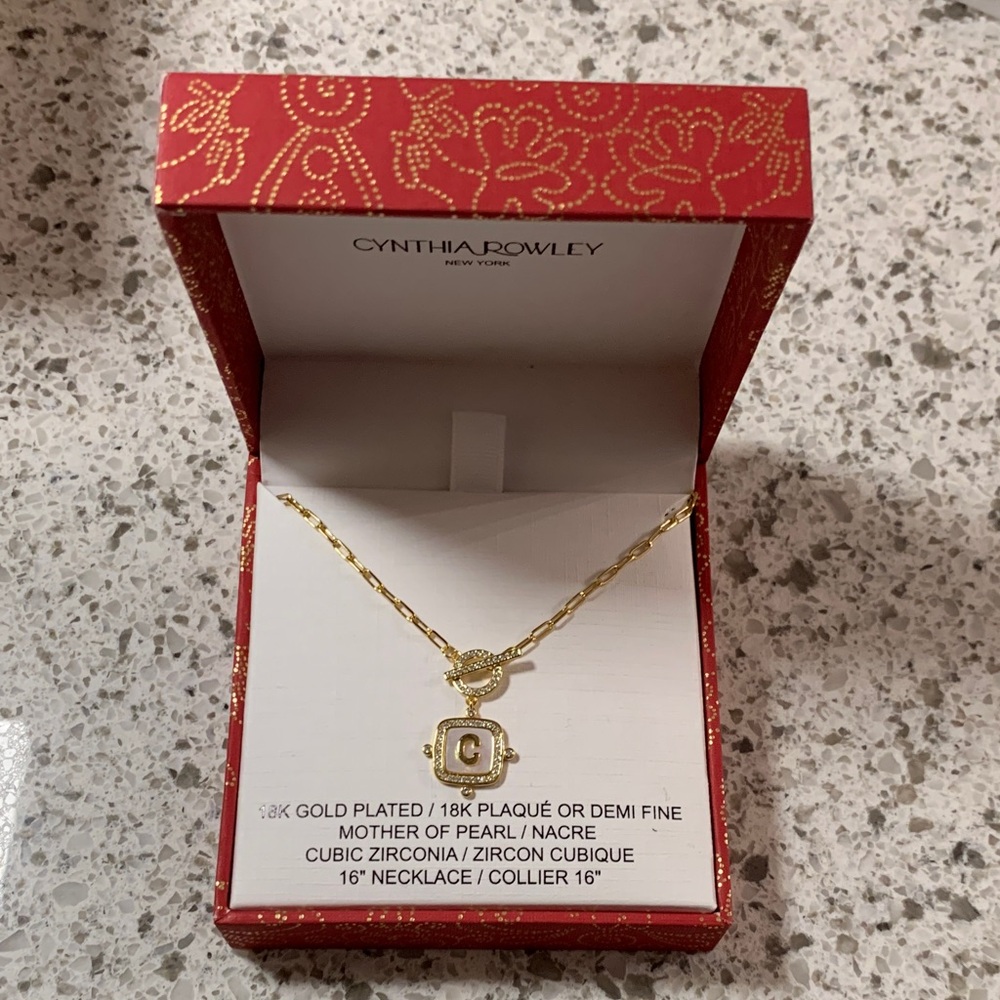 C pendant 18K gold plated Necklace mother of Pearl C Accent 16 inch